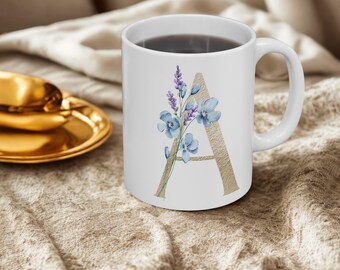Floral Letter A Mug | Monogram Ceramic Coffee Cup, Blue Floral Initial