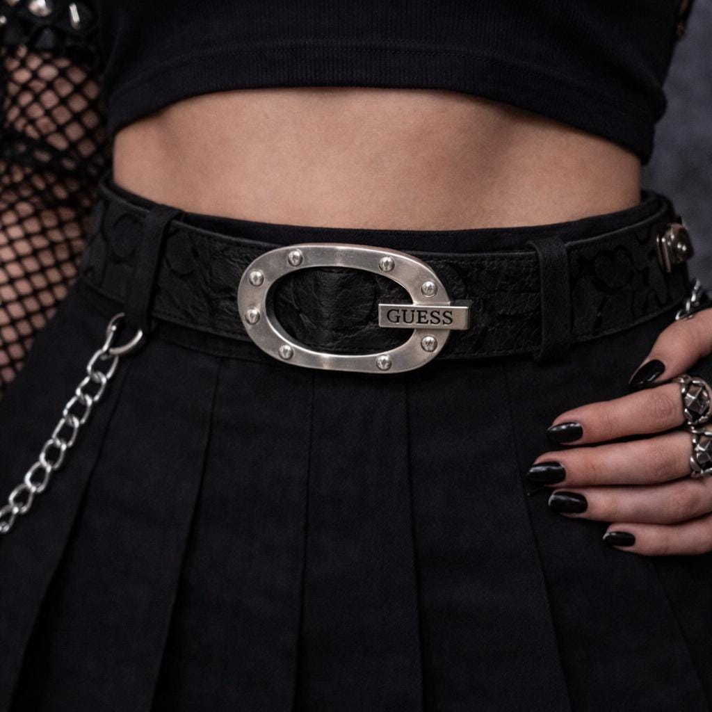 Vintage GUESS Statement Belt Black Leather Silver Grommet Stars Glam Punk S/M Beltiscool Silver Star Grommets Studded Leather Jean Belt  main image 2