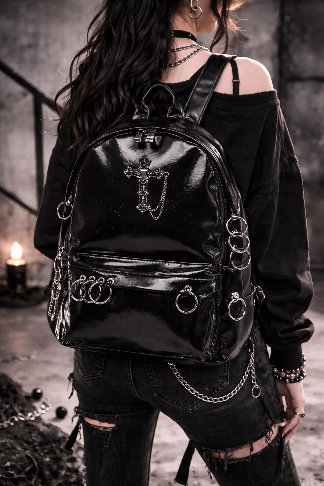 Gothic Black Cross and Chain Backpack – Punk Backpack, Alternative Bag ...