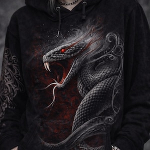Spiraalvormige gotische slangenhoodie in zwart – Donkere fantasie slangenhoodie, metal gothic alternatieve sweater