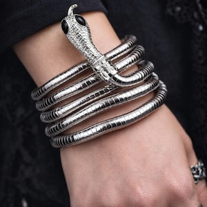 Può includere: Un braccialetto a forma di serpente color argento avvolto attorno a un polso. La testa del serpente presenta occhi di pietre preziose nere. Il braccialetto è composto da più fasce metalliche flessibili. Sono visibili anche anelli con pietre preziose verdi.