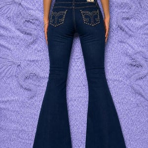 Y2K Dark Wash Bootcut Jeans Size M Rhinestone Pocket Jeans Low Rise Denim 2000s Fashion Women Stretch Jeans
