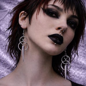 Gothic Spike Earrings Silver Punk Industrial Dangle Earrings Hoop Chain Goth Jewelry Alternative Grunge Statement Earrings