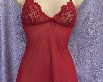 Red Lace Babydoll Lingerie Y2K Vintage Sheer Nightdress Romantic Halter Slip Dress