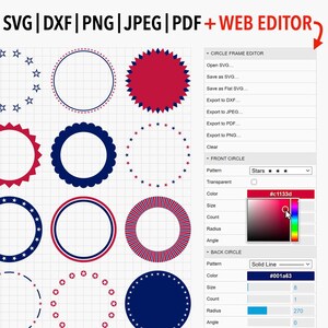 May include: A digital design featuring 16 circular frames in red, white, and blue. The frames include various designs such as stars, scalloped edges, and solid lines. Text at the top reads "16 FRAMES • SVG | DXF | PNG | JPEG | PDF + WEB EDITOR".