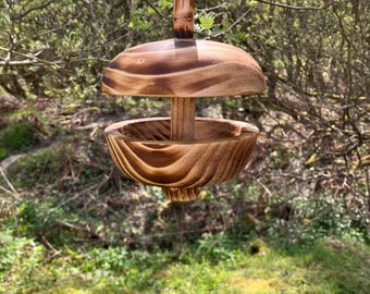 Hand Turned Wooden Hanging Bird Feeder: Small Garden Bird Sanctuary