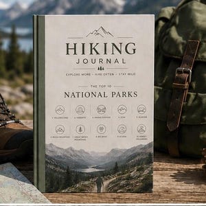 May include: A hardcover hiking journal with a cream-colored cover featuring the text HIKING JOURNAL, EXPLORE MORE - HIKE OFTEN - STAY WILD, and THE TOP 10 NATIONAL PARKS, along with ten circular icons and a mountain landscape illustration.