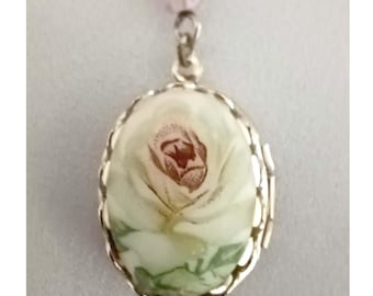 Vintage White Rose Locket Necklace 1928 Jewelry for 2 Photos