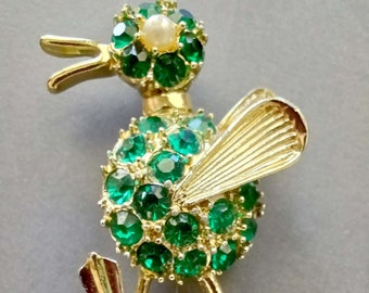 Vintage Duck or Road Runner Brooch Green Rhinestone & Pearl