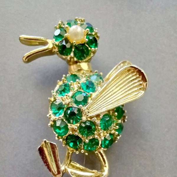 Vintage Duck or Road Runner Brooch Green Rhinestone & Pearl