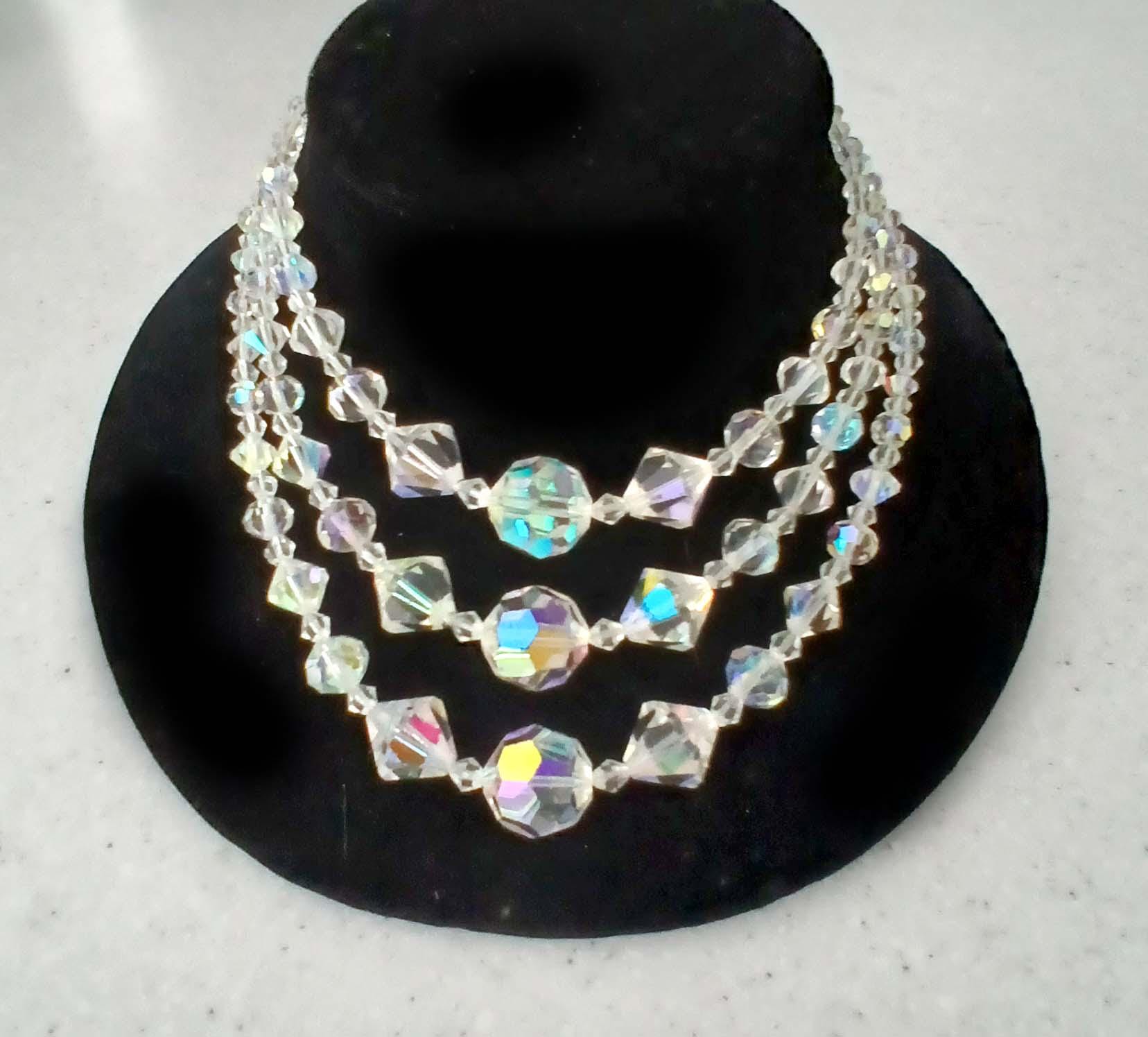 Aurora Borealis Rhinestone Necklace Vintage 1950s 3 Strand