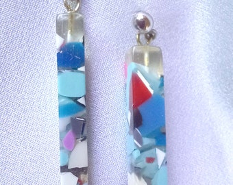 Vintage Handcrafted Lucite Earrings Dangles with Blue Marbling