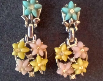 Antique Flower Earrings Rhinestone Enamel Signed Kramer Clip On Style