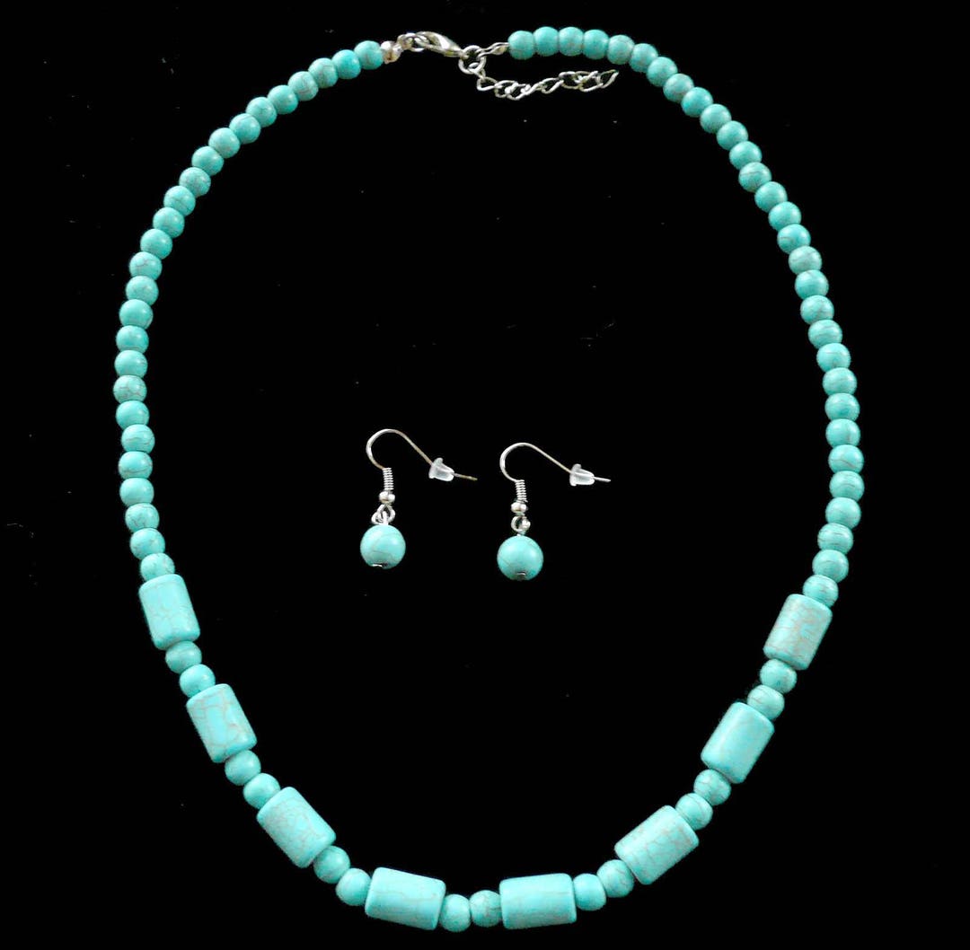 Turquoise Beaded Necklace & Earrings Set Pierced Etsy