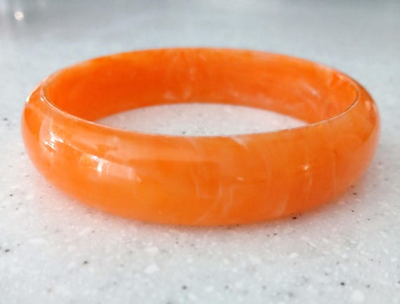 Lucite Plastic Marbled Bangle Bright Tangerine Or… - image 1