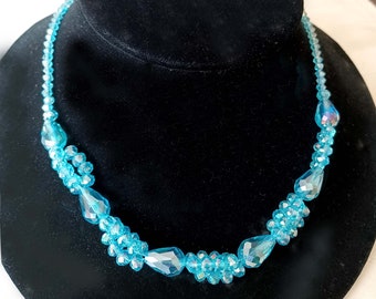 Vintage Crystal Necklace Blue Beaded Super Sparkling Retro Glamour