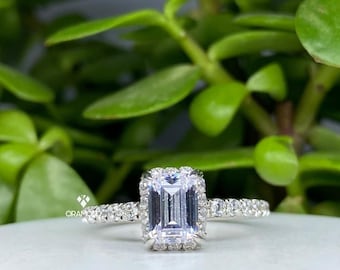 Anello di fidanzamento con pavé di diamanti naturali taglio smeraldo da 1,49 carati, certificato IGI, in oro bianco 14k/18k.