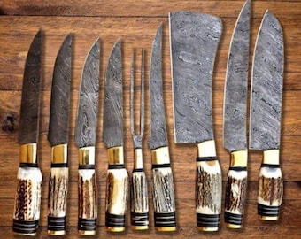 Ensemble de couteaux en corne de cerf, acier damas fait main, manche de cerf, ensemble de couteaux de chef, cadeau personnalisé, cadeau de garçon d'honneur, cadeau pour lui, cadeau pour elle