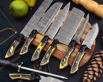 Handgesmede koksmessenset van damaststaal, keukenmessen | Chef-kokmessenset, handgemaakt 8-delig luxe damastmes Cadeau voor hem, cadeau voor haar