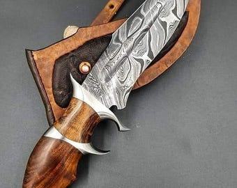 Cuchillo Bowie de caza de acero de Damasco hecho a mano a medida de 25 cm (10 pulgadas) con funda de cuero.