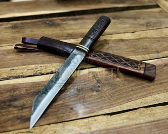 Handgeschmiedetes Wikinger Sax Messer mit Lederscheide,scharfes Jagdmesser für Camping, Geschenk für Männer / Frauen zu Jahrestag, Geburtstag, Hochzeit