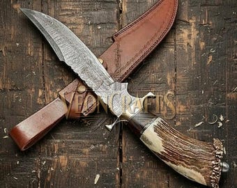 Custom Hand Made Damascus Antler Deer Horn Crown Handle Hunting Knife With Case | Best Gift For Him