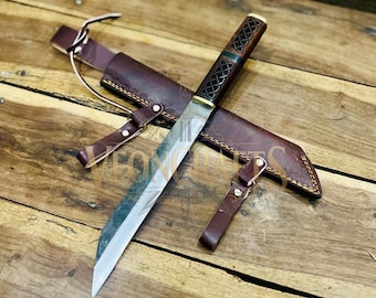 Hand Forged Viking Seax Knife, Celtic Knot Rosewood Handle, Leather Sheath