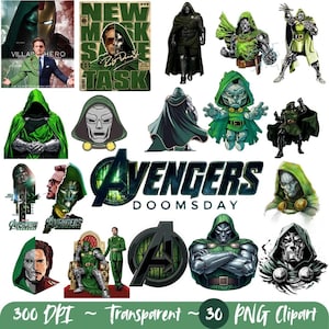May include: A collection of 30 digital PNG clip art images featuring Doctor Doom and Robert Downey Jr. in various poses, including comic book style illustrations, character portraits, and the Avengers Doomsday logo text in a high-resolution 300 DPI format.