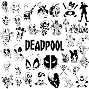 Könnte beinhalten: Eine Sammlung von schwarz-weißen Aufklebern mit verschiedenen Illustrationen der Figur Deadpool in unterschiedlichen Posen, Ausdrücken und Stilen, einschließlich Chibi-Versionen, Action-Haltungen und dem Wort DEADPOOL in Fettdruck.