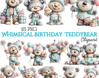 Wunderlicher Teddy Bär Clipart zum ersten Geburtstag, Baby Boy PNG, Luftballons, Cupcakes (300 DPI transparent)