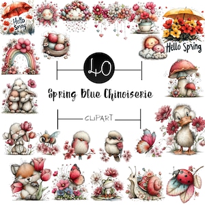 以下が含まれることがあります： 春をテーマにした40点の水彩クリップアート画像のコレクション。ウサギ、鳥、蝶、花、キノコ、その他の春に関連する要素が含まれています。「Spring Blue Chinoiserie」と「CLPART」の文字も含まれています。