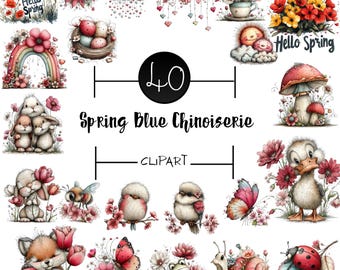 Skurril Frühling Clipart | Lächelnde Blumen, Hasen, Vögel (Digitaler Download)
