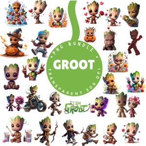 Könnte beinhalten: Eine Sammlung digitaler PNG-Bilder mit Groot aus Guardians of the Galaxy. Die Bilder zeigen Groot in verschiedenen Posen und Umgebungen, darunter mit Blumen, Geschenken und in verschiedenen Outfits. Ein grüner Kreis mit dem Text "Groot PNG Bundle" ist ebenfalls enthalten.