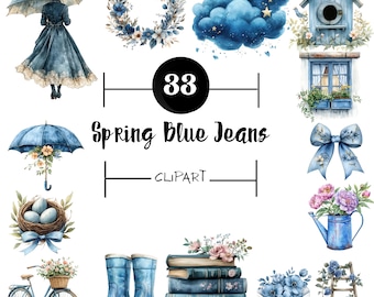 Dusty Blue Frühling Clipart Bundle | Cottagecore Florale Elemente (Digitaler Download)