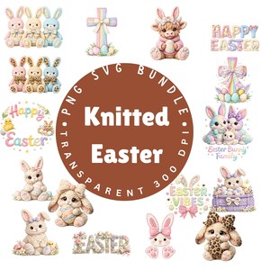May include: A collection of knitted Easter-themed designs, including bunnies, crosses, and Easter greetings. The designs feature pastel colors and floral accents, perfect for spring crafts and decorations. The central image reads "Knitted Easter".
