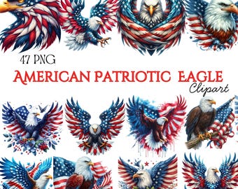 水彩画風愛国的なワシのPNG画像、アメリカ国旗のハクトウワシのクリップアート、7月4日の昇華プリントデザイン、アメリカの自由のワシ、赤白青のアートワーク
