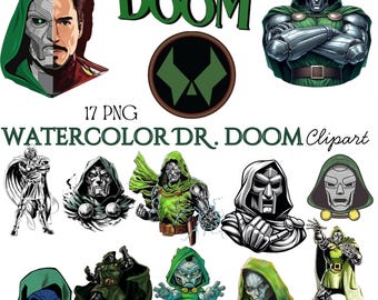 Paquete de imágenes prediseñadas PNG del Dr. Doom: Archivos de sublimación de villanos de cómics (Descarga digital)