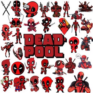 Może przedstawiać: Kolekcja naklejek z Deadpoolem przedstawiająca różne ilustracje postaci w czerwono-czarnych kostiumach, w tym wersje chibi, pozy akcji z mieczami i bronią oraz pogrubiony czerwony napis DEADPOOL umieszczony na środku zestawienia.
