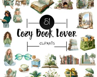Buch Liebhaber Mädchen Clipart Bundle | Gemütliche Leseszenen, Bibliothek (Digitaler Download)