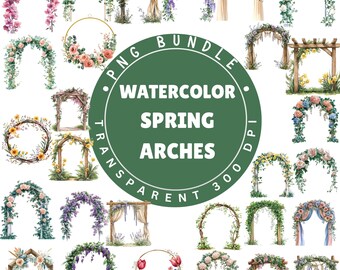 30 Aquarell Frühlingsbögen PNG Bundle: 30 florale Hochzeitsrahmen, 300 DPI Transparent als PNG