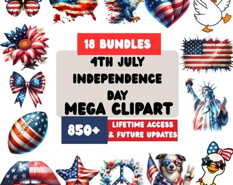 4.Juli Tag der Unabhängigkeit Clipart Bundle | Amerikanische Flagge, Schmetterlinge, Blumen, Gans (PNG)