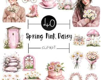 Rosa Gänseblümchen Aquarell Clipart | Boho Blumen Frühling Grafiken (Digitaler Download)