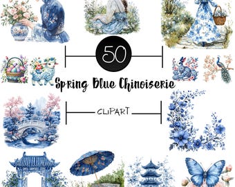 Blaue Chinoiserie Clipart PNG | Toile Blumenvasen (Digital Download)