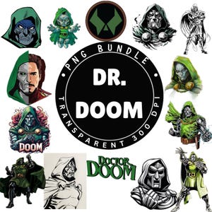 May include: A collection of Dr. Doom images in various styles, including illustrations and logos. The central image features the text "DR. DOOM" in bold white letters within a black circle, with "PNG BUNDLE TRANSPARENT 300 DPI" around it.