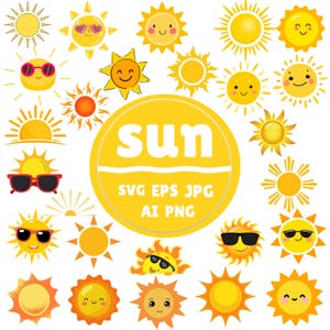 May include: A collection of yellow sun illustrations with various designs and expressions. Some suns wear sunglasses, and others have smiling faces. A large yellow circle in the center displays the word "SUN" and file type options.