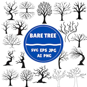 May include: A collection of black bare tree illustrations in various styles. A blue circle in the center reads "BARE TREE" with file type options: SVG, EPS, JPG, AI, and PNG.