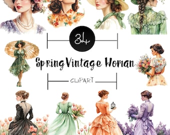 Frühling Frau Clipart | Retro Aquarell Blumen Illustrationen (Digitaler Download)