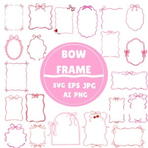 Puede incluir: Una colección de marcos rosas y rojos con la temática de lazos, en varias formas y tamaños. La imagen incluye un círculo rosa grande con el texto "BOW FRAME" y opciones de tipo de archivo: SVG EPS JPG AI PNG.