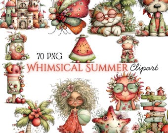 Skurril Sommer Clipart Bundle | Aquarell Strand, Wassermelone, Eis am Strand