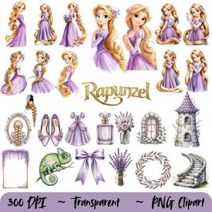 Könnte beinhalten: Eine digitale Clipart-Sammlung mit Rapunzel mit langem blonden Haar in einem lila Kleid, einem Steinturm, einem grünen Chamäleon, Lavendelsträußen, einer Parfümflasche, einer Schleife, einem Spiegel, Schuhen und dem Text Rapunzel in Gold.